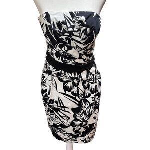 Black White Floral Strapless Cocktail Dress Sash Tie Back Pockets Sheath #39